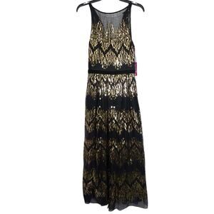 Vince Camuto Size 0 sequin illusion-neck midi dress in black and gold